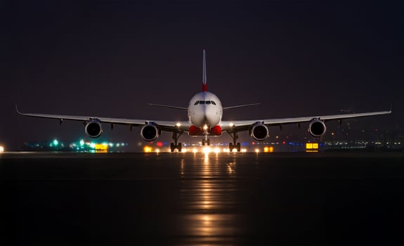 Commercial passenger plane taking off from the airport runway at night. photo