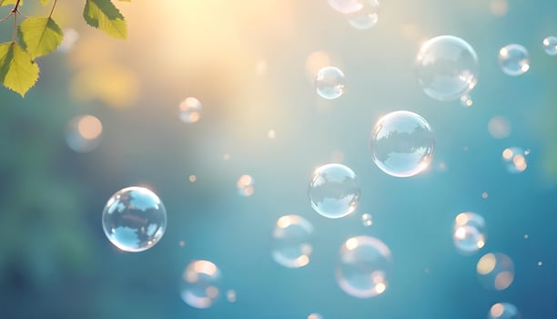 soap bubbles floating in the air with leaves photo