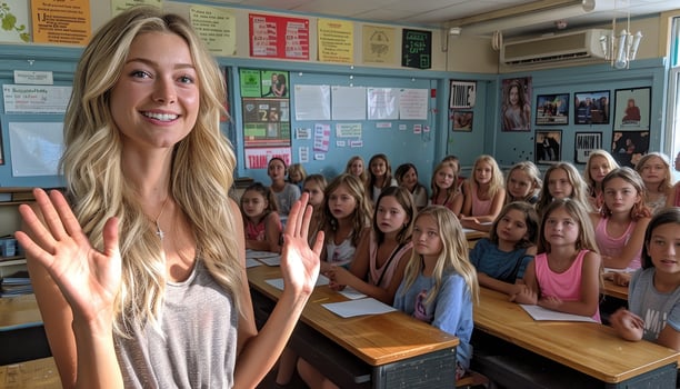 Woman with Blonde Hair Interacting with Schoolgirls in a Classroom photo