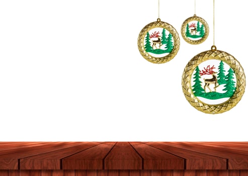 Christmas decorations hanging from wooden beams on a white background photo