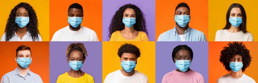 Wear mask. Collage of multiethnic people in protective face masks over colorful backgrounds, panorama. Diverse men and women wearing medical masks during quarantine, protecting themselves photo