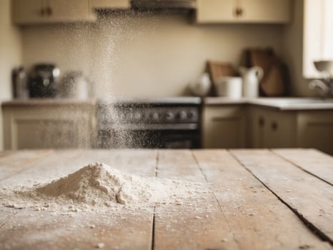 flour dust empty wooden table in kitchen. photo