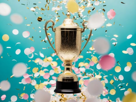 Sparkling Golden Trophy Celebrates Victory Amidst Confetti Shower on Teal Background. photo