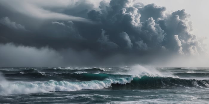 Dramatic Seascape with Stormy Clouds and Waves. photo