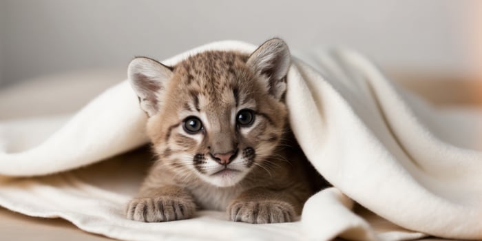 A baby cougar cub hiding under a blanket photo