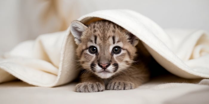 A baby cougar cub hiding under a blanket photo