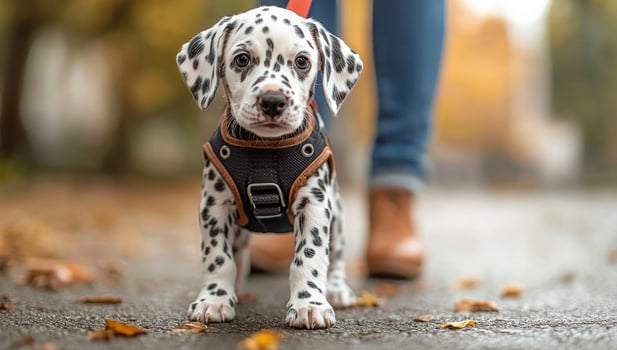 A small white dog wearing a harness is standing on a sidewalk. The dog is looking up at the camera photo