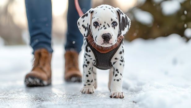 A small black and white dog is walking on a sidewalk with a leash. The dog is wearing a harness and he is enjoying the walk photo