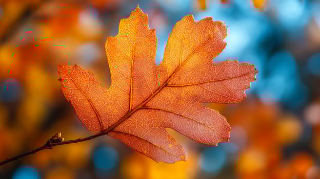A leaf is shown in a close up, with the background being a blue sky. The leaf is orange and has a lot of detail, including veins and spots. Concept of beauty and tranquility photo