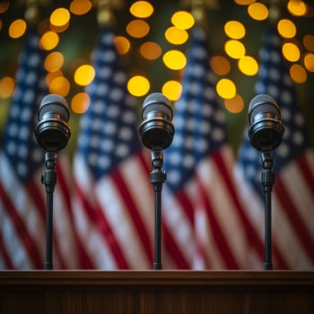 Three microphones are set up in front of the American flag. The microphones are black and the flag is red, white, and blue photo