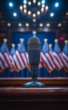 A microphone is on a wooden podium in front of a backdrop of American flags. The microphone is black and shiny, and it is the focal point of the image. The flags behind the microphone are red, white photo