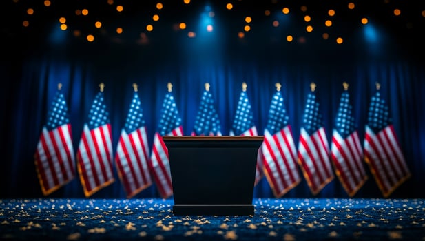 A podium with a single American flag on it. The flags behind the podium are all American. Scene is patriotic and solemn photo