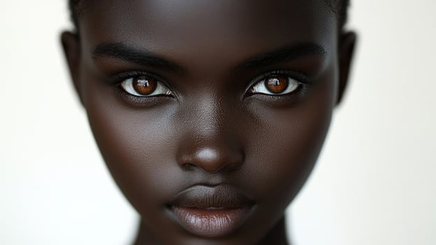Close-up shows a young woman's delicate features and striking gaze, showcasing her elegance photo
