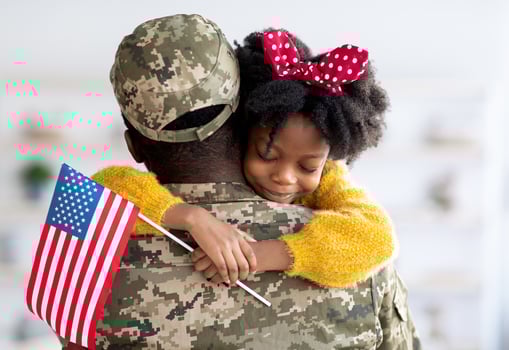Happy Little Black Daughter Hugging Her Soldier Dad After He Came Back Home From US Army, Smiling Girl Holding American Flag And Embracing Father In Military Uniform, Celebrating Reunion With Daddy photo