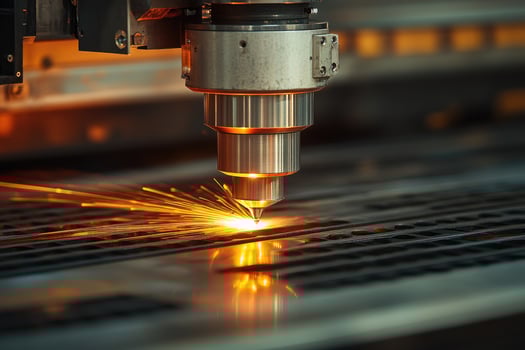 Laser cutting machine engraving metal plate with sparks flying photo