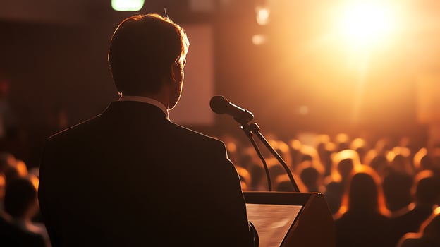 Speaker presenting to engaged audience. photo