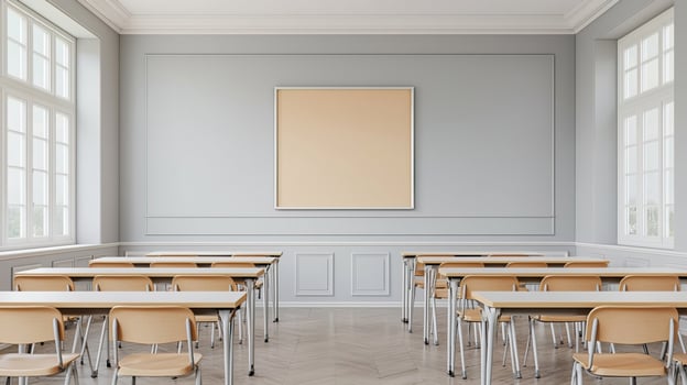 Modern Classroom with Desks and Chairs photo