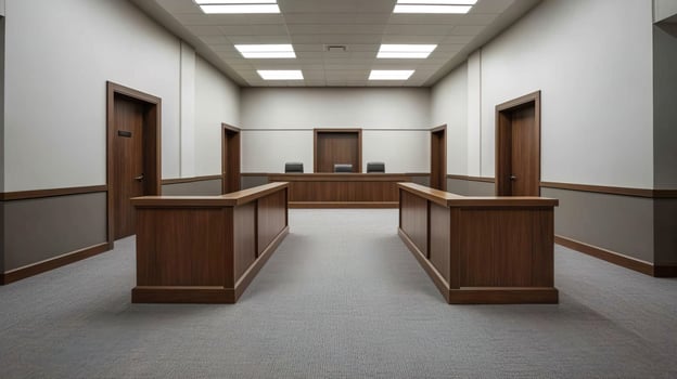 Silent courtroom with judge's bench in focus, embodying the solemnity of the legal process photo