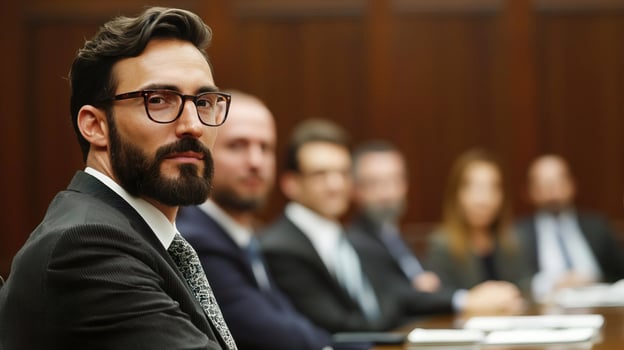 Businessman sitting in a boardroom during a meeting, engaged in discussions with colleagues. photo