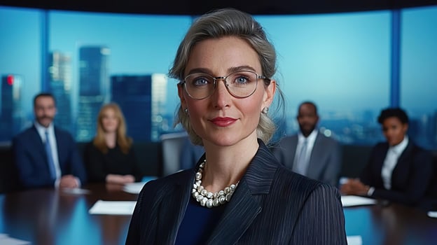 Senior female CEO discussing plans with a diverse team in a modern boardroom. photo