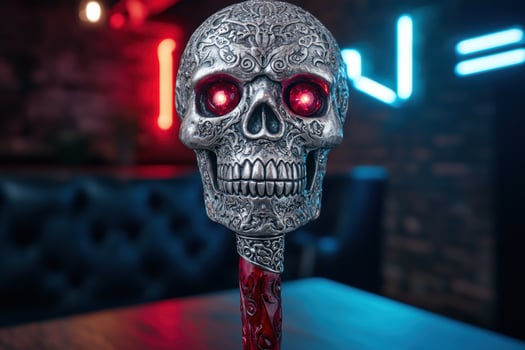 Ornate skull with glowing red eyes photo