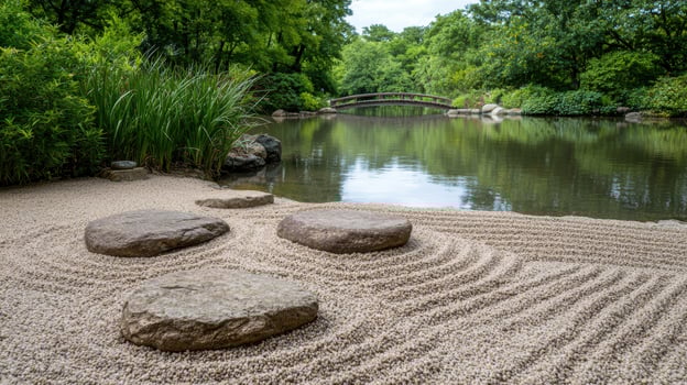 Serene Japanese garden landscape with pond, bridge, and zen rock garden photo