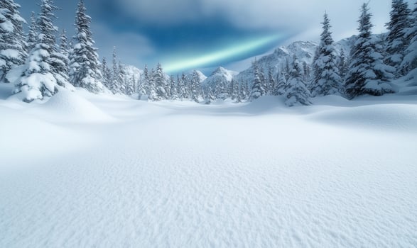 Serene winter landscape with snow covered trees and mountains photo