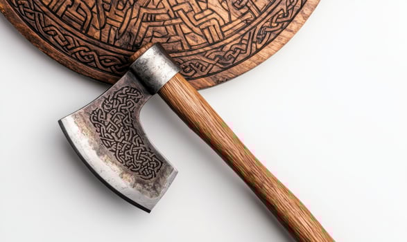 Ornate wooden axe with intricate carvings photo