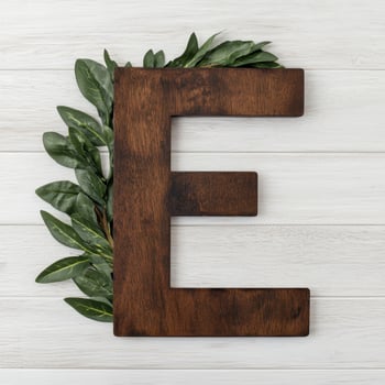 wooden letter e with green leaves photo