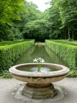 Serene garden fountain with lush greenery photo