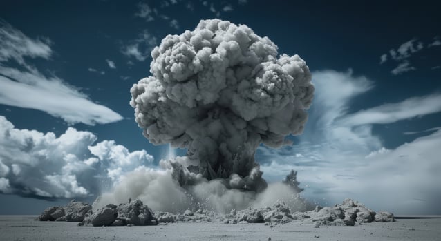 massive explosion cloud over rocky terrain photo
