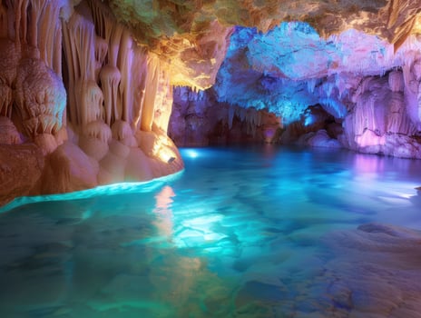 Enchanting underground cave with glowing blue water photo