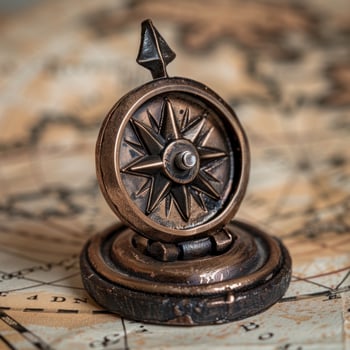 Antique compass on vintage map photo