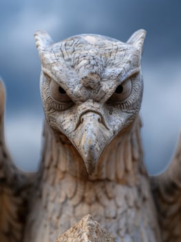 Close up of a carved wooden owl statue with intense eyes photo