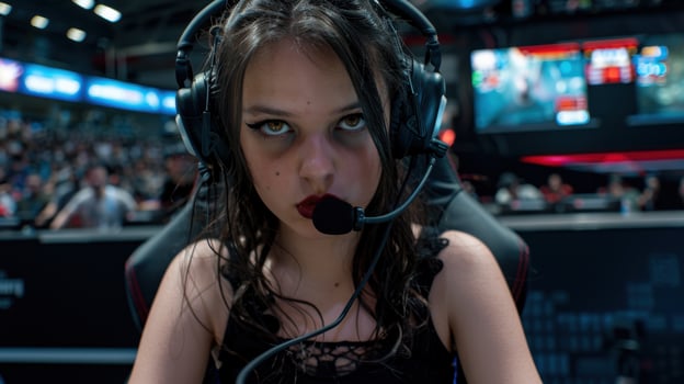 Serious gamer girl with headset in esports arena photo