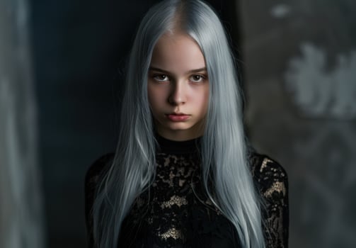 Mysterious woman with striking silver hair photo