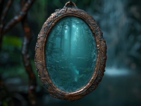 Enchanted forest reflected in ornate mirror photo