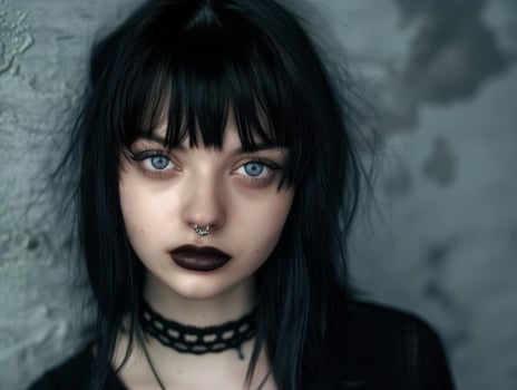 Moody portrait of a young woman with dark hair and piercings photo
