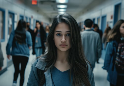 Serious young woman in school hallway photo