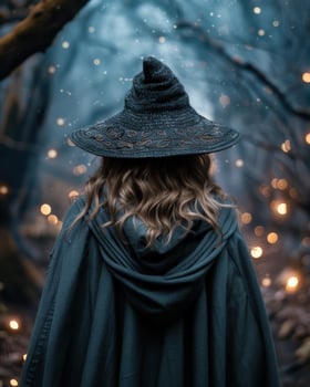 Mysterious figure in dark cloak and hat in snowy forest photo
