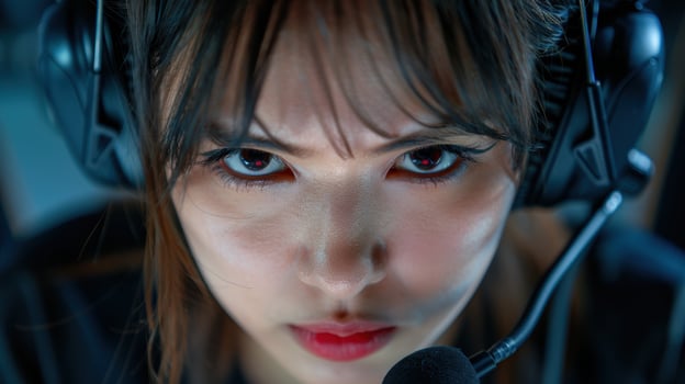 intense gaze of a young woman with red eyes photo