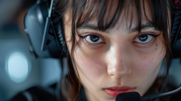 close up portrait of a serious young woman with headphones photo