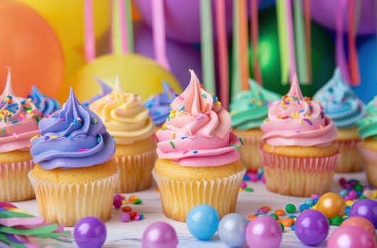 colorful birthday cupcakes with sprinkles and balloons photo