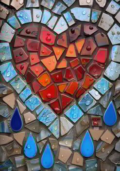 Colorful mosaic heart pattern with water droplets photo