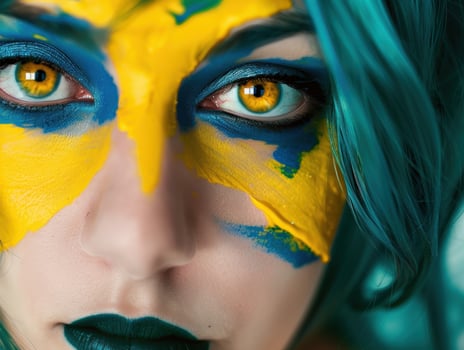 Colorful face painting with vibrant yellow and blue tones photo