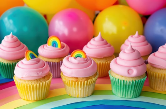 Colorful cupcakes with rainbow decorations photo