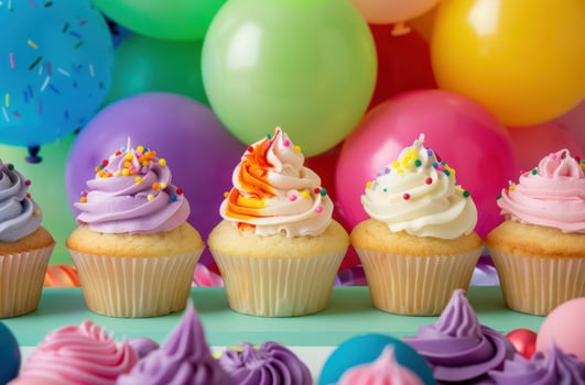 Colorful cupcakes with sprinkles on a vibrant background photo