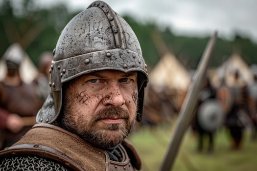 Fierce medieval warrior with battle worn armor and stern expression photo