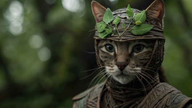 Curious cat wearing a leafy crown in the forest photo
