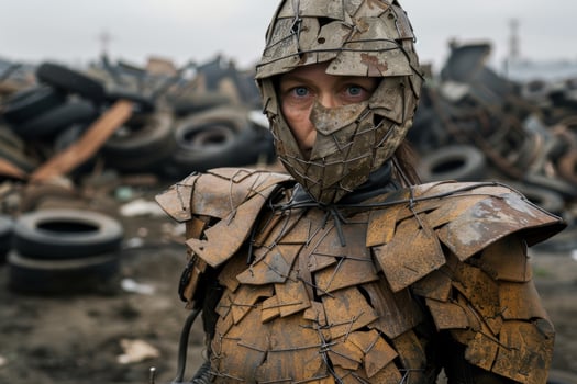 Soldier in camouflage armor standing in a war zone photo